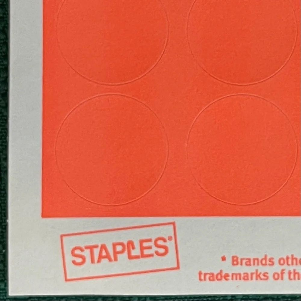 Staples Color Coding Labels (792). Laser Print or Write. Removable. Neon Red.